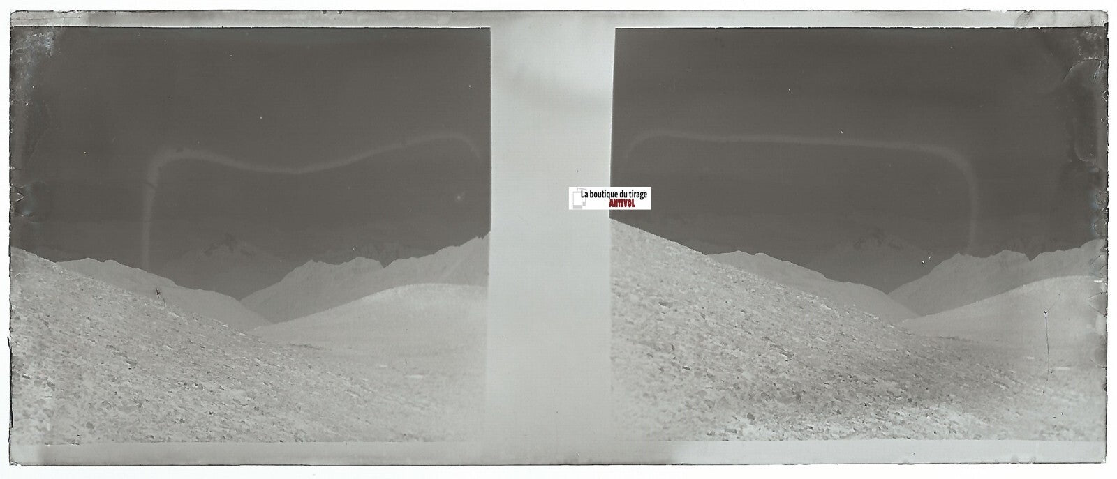 Montagne, Plaque verre photo stéréoscopique, négatif noir & blanc 4,5x10,7 cm