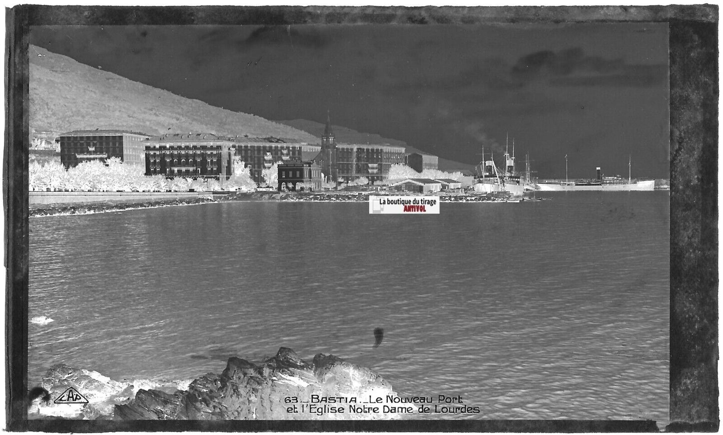 Plaque verre photo, négatif noir & blanc 9x14 cm, Corse, port de Bastia, bateaux