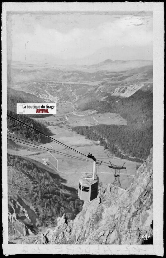 Plaque verre photo négatif noir & blanc 9x14 cm, Mont-Dore, téléphérique Sancy