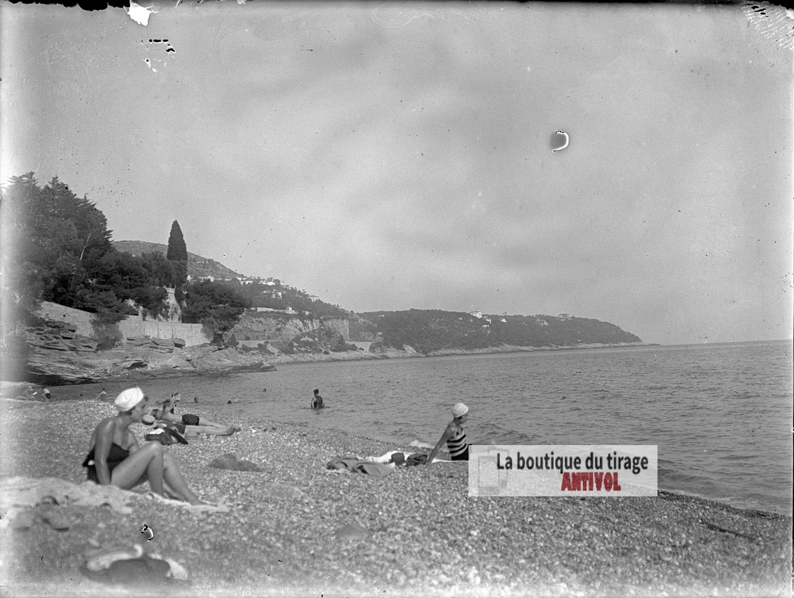 Plage de la Côte d'Azur, baignade, plaque verre photo ancienne, négatif 9x12 cm