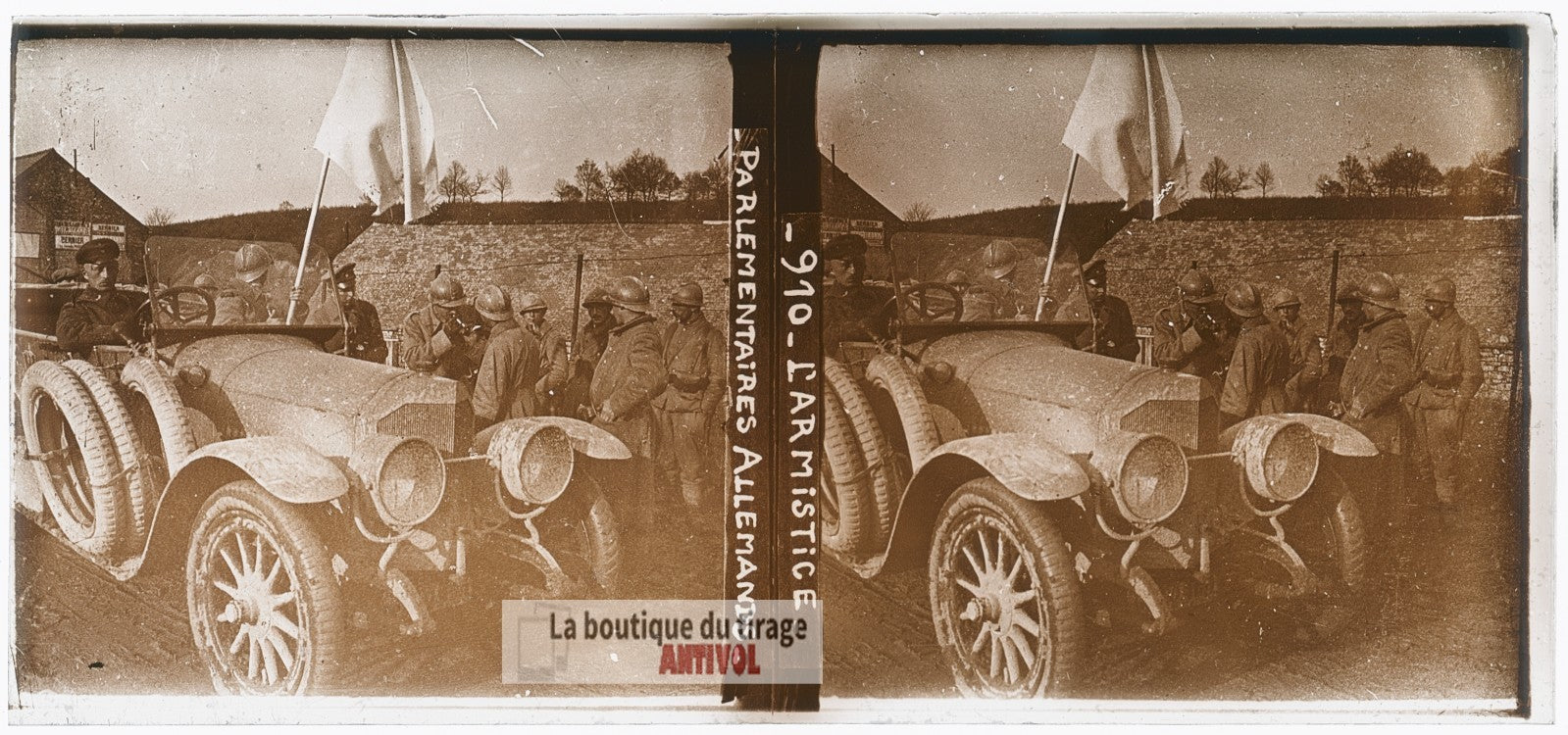 Armistice, parlementaires allemands, plaque verre photo ancienne stéréo 6x13 cm