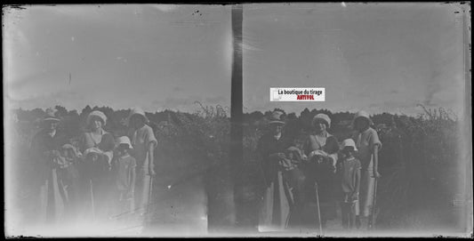 Famille, promenade, stéréoscopie, photo ancienne plaque verre, négatif 9x18 cm
