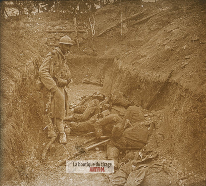 Souain 1915, tranchée, guerre WW1, plaque verre photo ancienne stéréo 6x13 cm