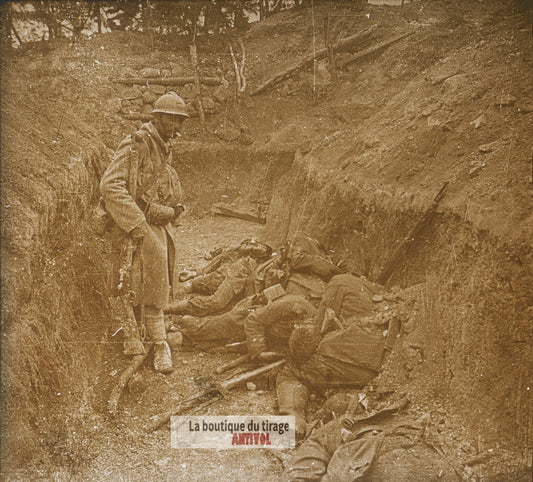 Souain 1915, tranchée, guerre WW1, plaque verre photo ancienne stéréo 6x13 cm