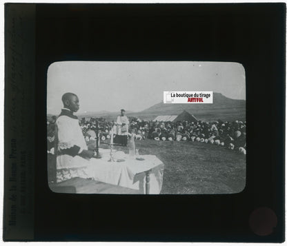 Cérémonie, prêtre, photo plaque verre, noir & blanc, positif 8,5x10 cm