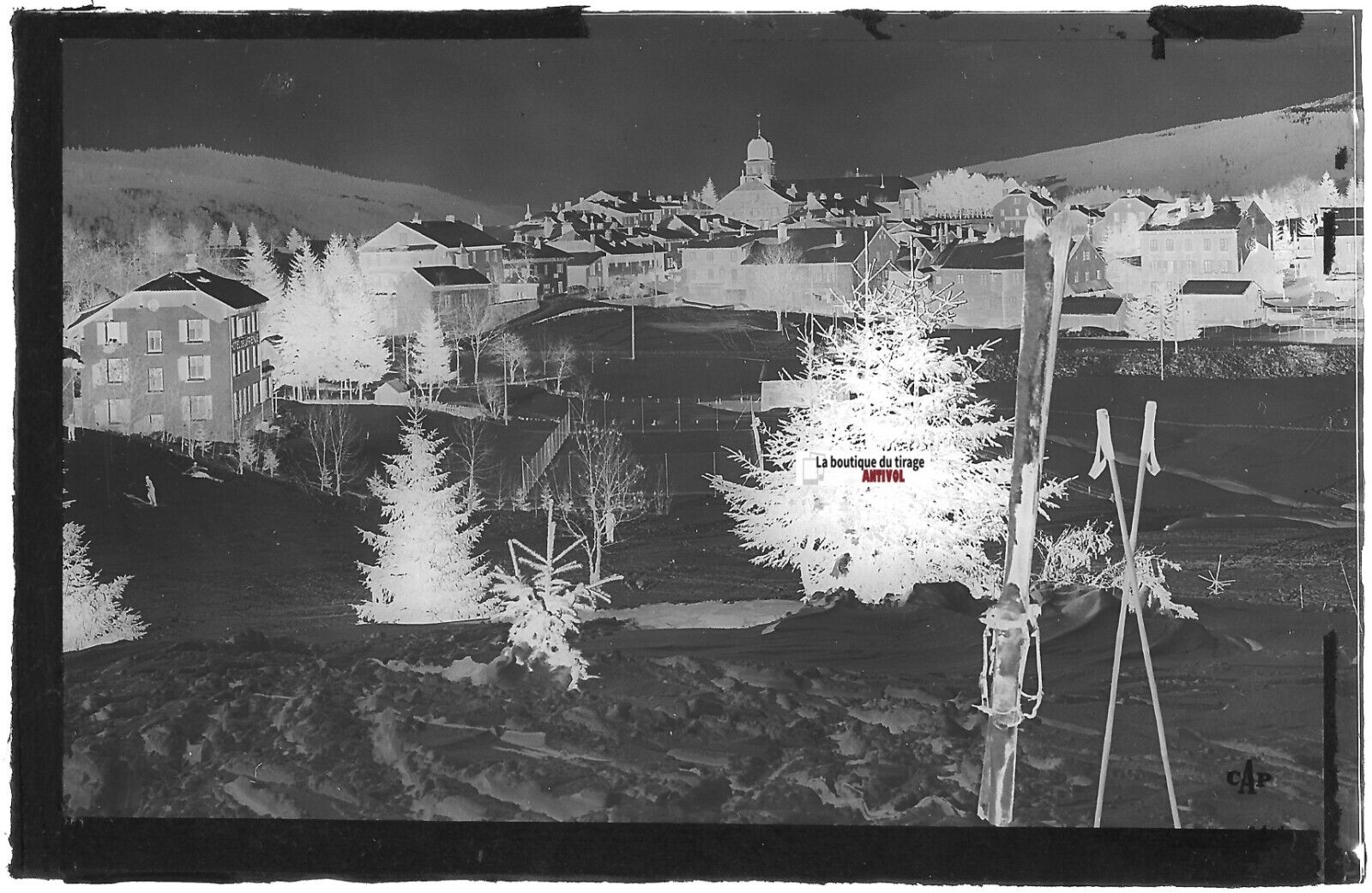 Les Rousses, neige, Plaque verre photo ancienne, négatif noir & blanc 9x14 cm