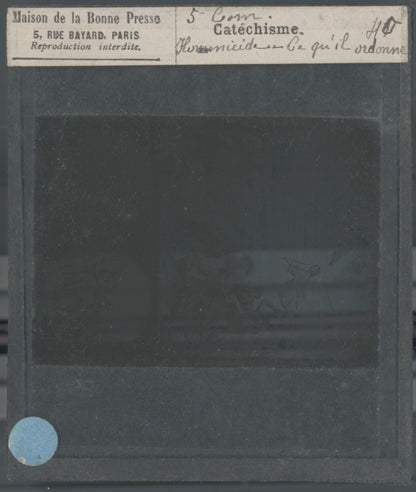 Scène religieuse, catéchisme, dessin peinture, plaque verre, positif 8,5x10 cm