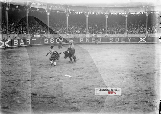 Corrida, taureau, arène, torero, plaque verre photo ancienne, négatif 9x12 cm