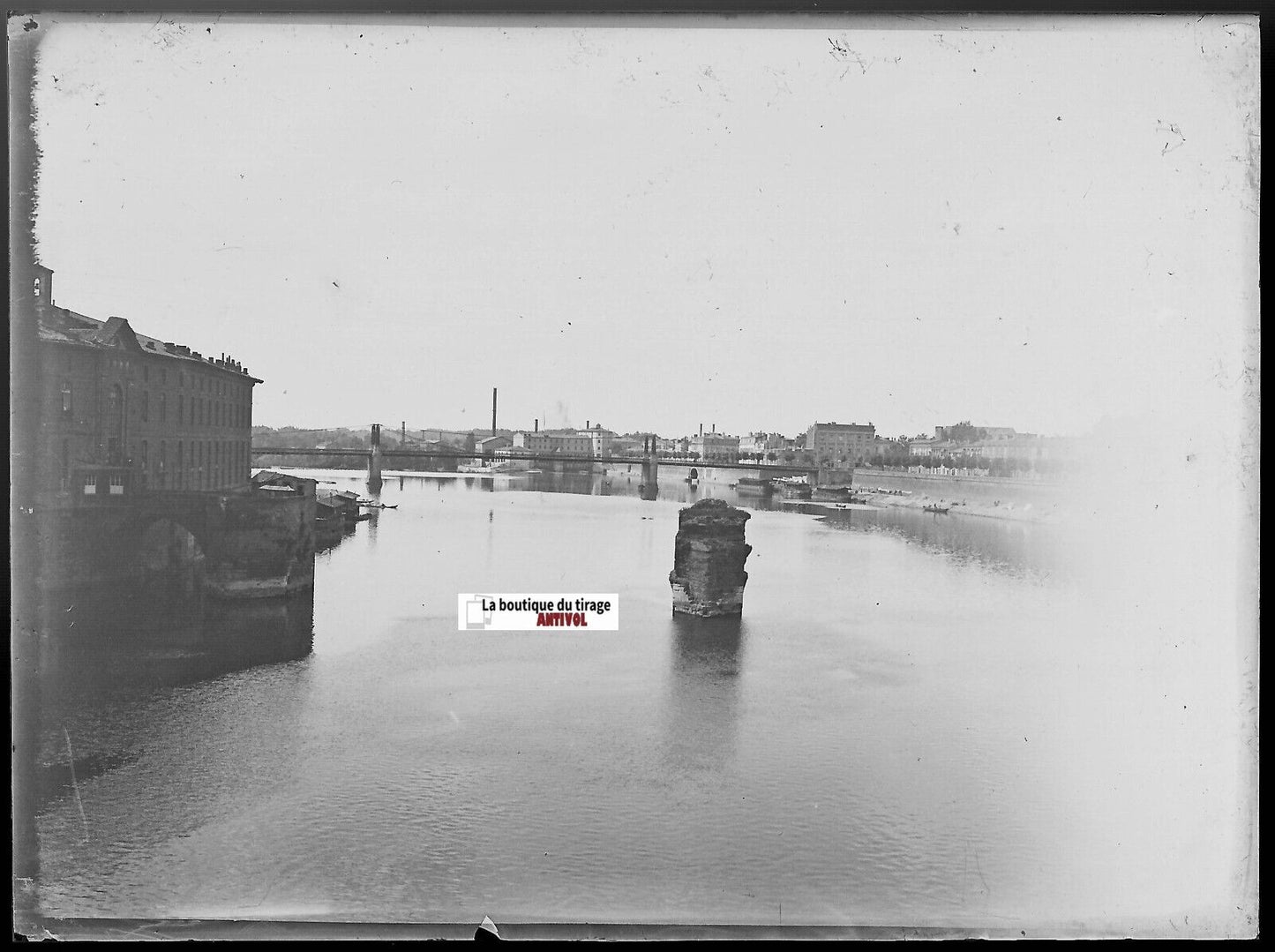 Toulouse, la Garonne, Plaque verre photo ancienne, négatif noir & blanc 9x12 cm