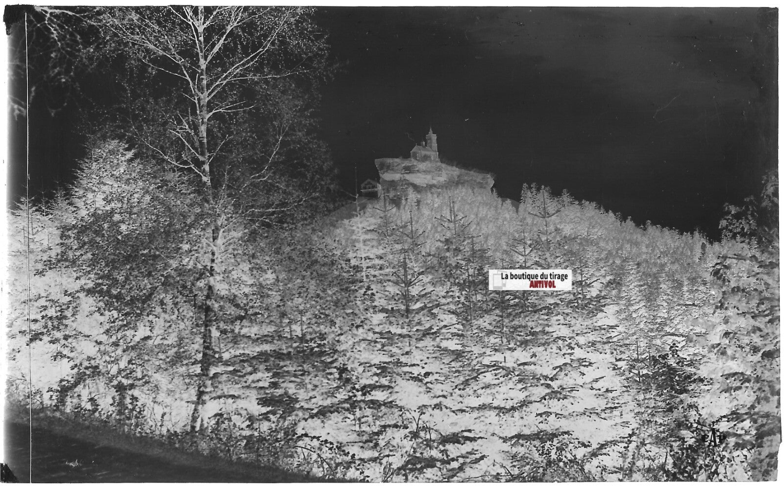 Plaque verre photo, négatif noir & blanc 9x14 cm, Dabo, Chapelle, bois et forêt