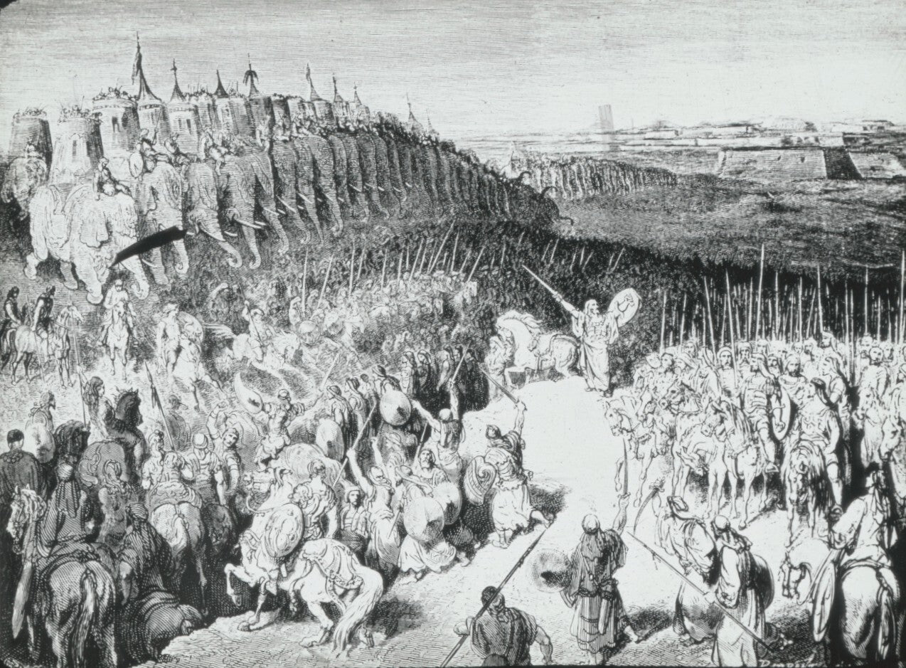 Judas Macchabée, Bible de Doré, dessin, plaque verre, positif 8,5x10 cm