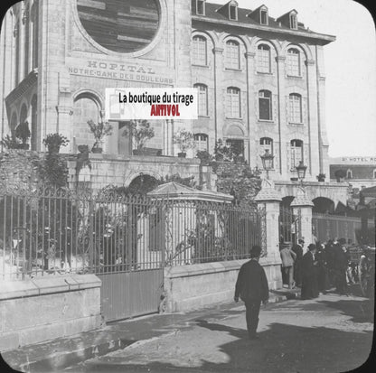 Hôpital, Lourdes, photo plaque verre, noir et blanc, positif 8,5x10 cm