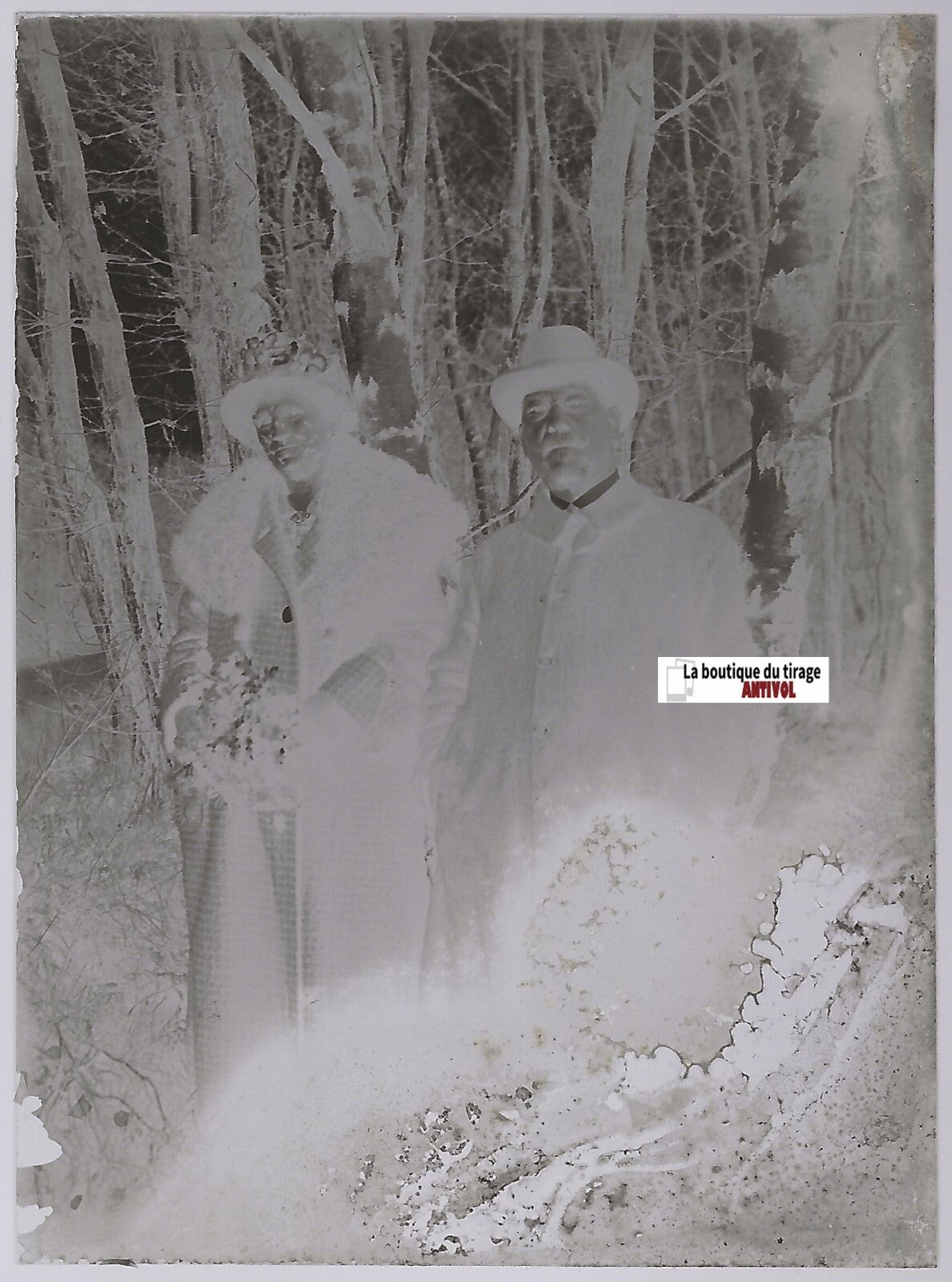 Couple, promenade, Plaque verre photo ancienne, négatif noir & blanc 6x9 cm
