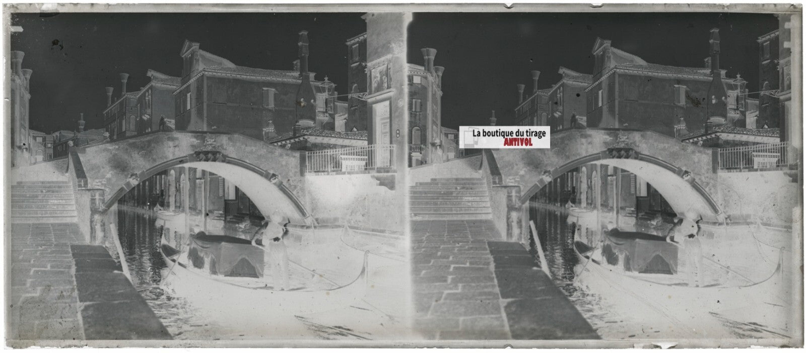 Venise, gondolier, Italie, stéréo photo ancienne plaque verre, négatif 8x18 cm