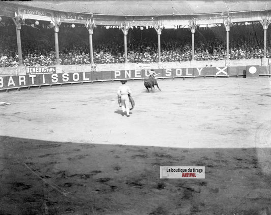 Corrida, taureau, arène, plaque verre photo ancienne, négatif 9x12 cm