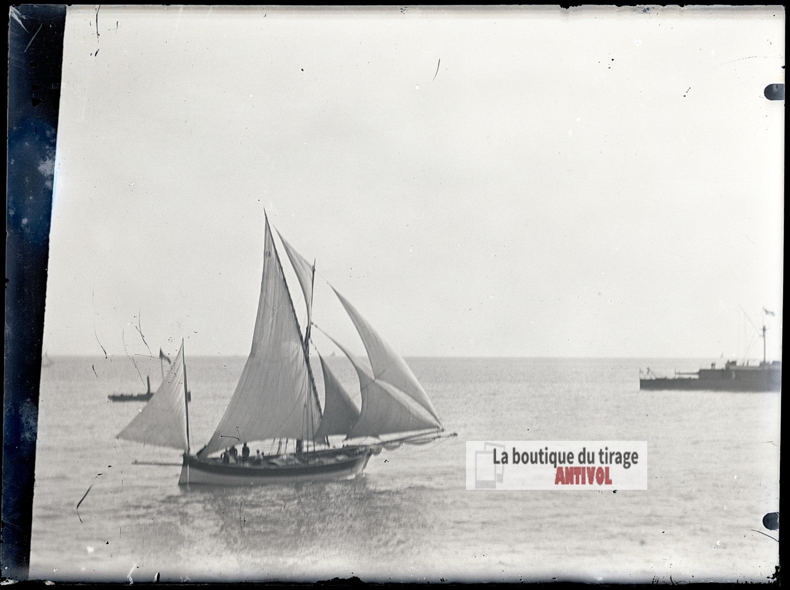 Bateau mer Méditerranée, Algérie, plaque verre photo ancienne, négatif 9x12 cm