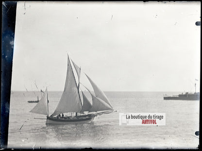 Bateau mer Méditerranée, Algérie, plaque verre photo ancienne, négatif 9x12 cm