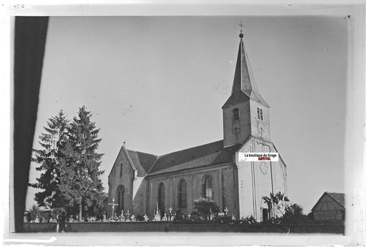 Petit-Landau, église, Plaque verre photo, positif noir & blanc 10x15 cm France