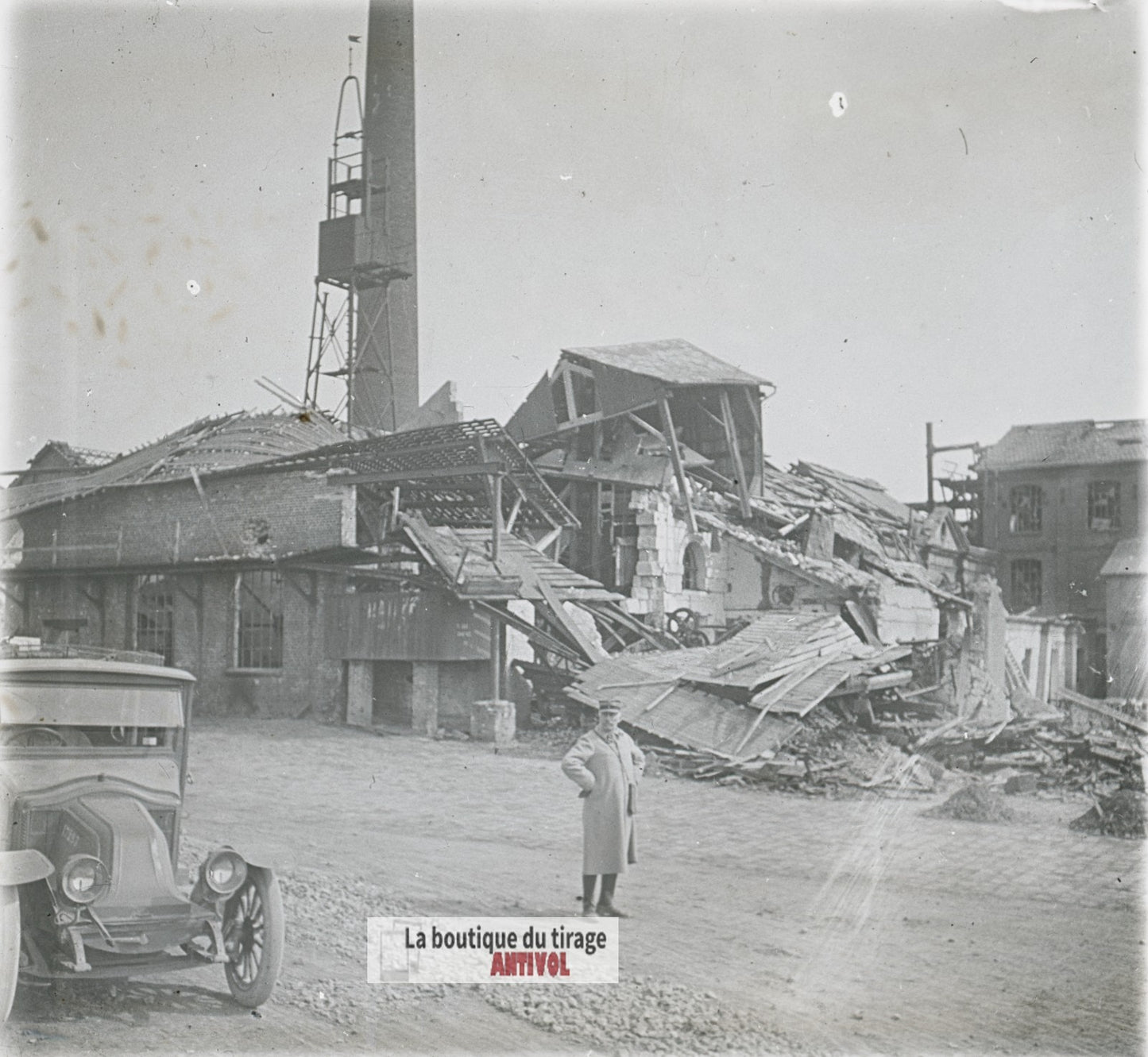 Officier français, voiture, WW1, plaque verre photo ancienne stéréo 6x13 cm