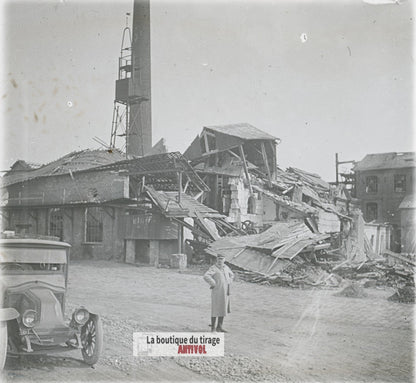 Officier français, voiture, WW1, plaque verre photo ancienne stéréo 6x13 cm