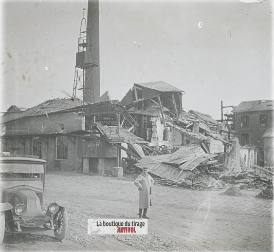Officier français, voiture, WW1, plaque verre photo ancienne stéréo 6x13 cm