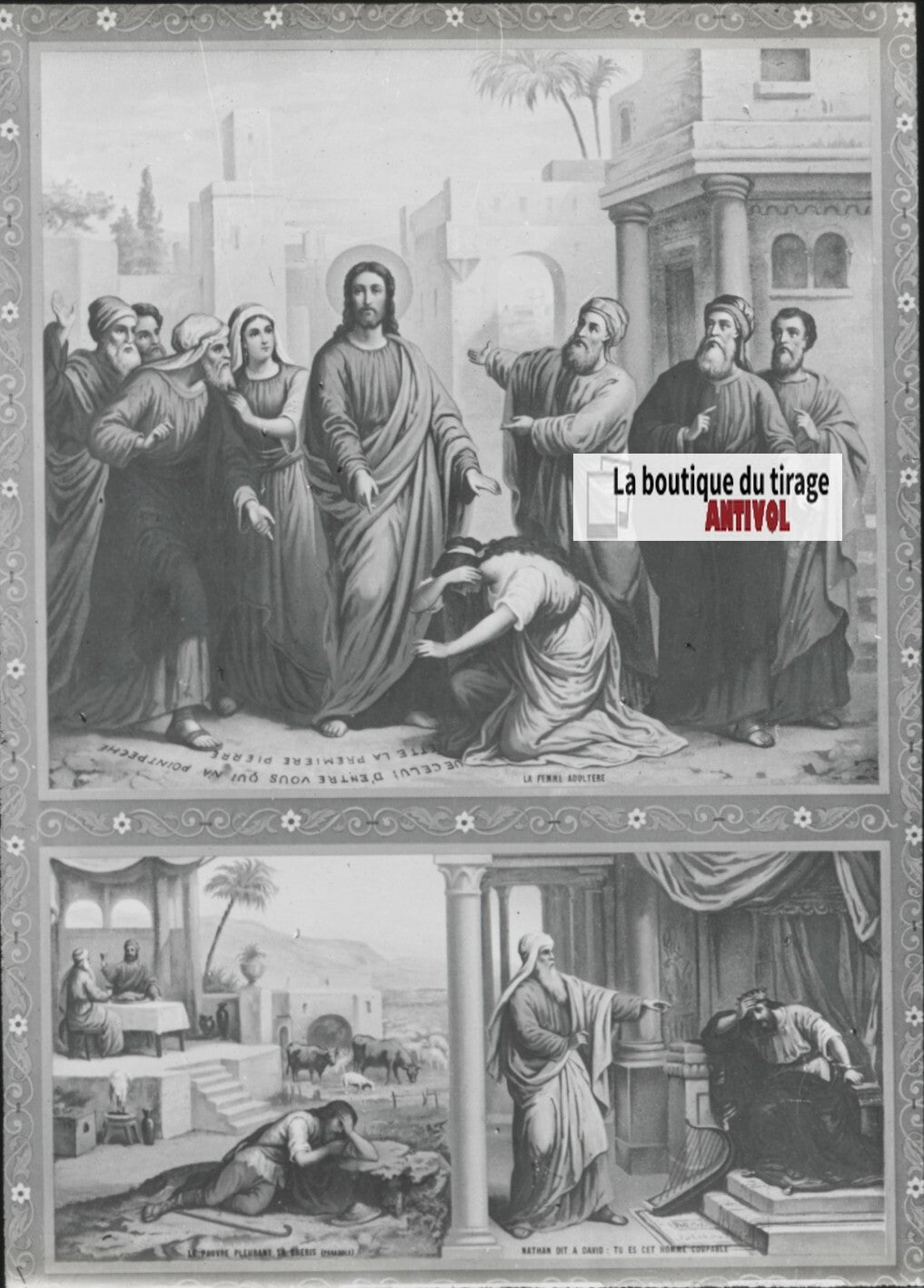 Scène religieuse, catéchisme, dessin peinture, plaque verre, positif 8,5x10 cm