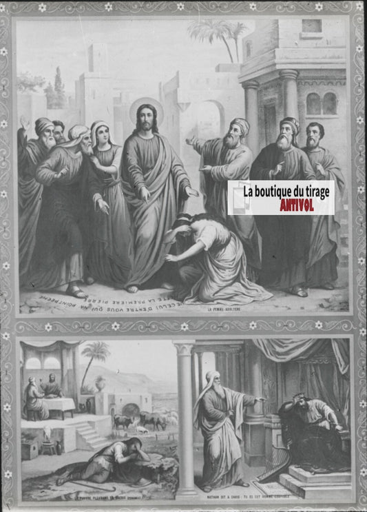 Scène religieuse, catéchisme, dessin peinture, plaque verre, positif 8,5x10 cm