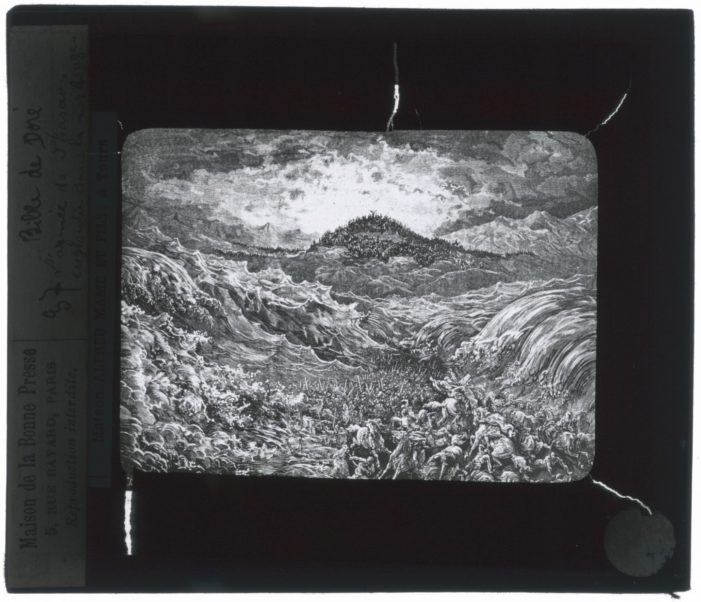 Armée mer Rouge, Bible de Doré, dessin, plaque verre, positif 8,5x10 cm