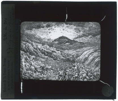 Armée mer Rouge, Bible de Doré, dessin, plaque verre, positif 8,5x10 cm