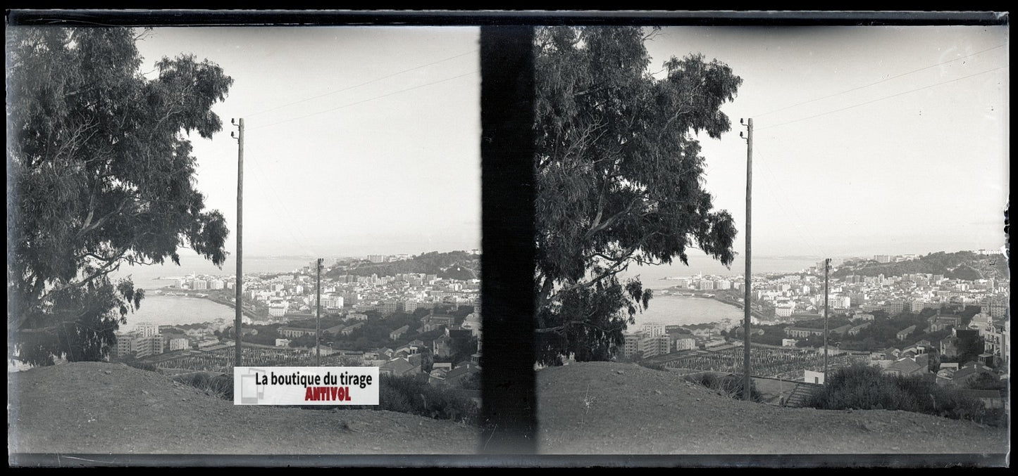 Algérie, Alger mer, plaque verre, photo stéréo, négatif N&B 6x13 cm