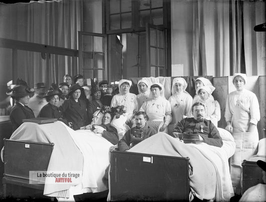 Blessés, militaires, hôpital WW1, plaque verre, photo ancienne, négatif 9x12 cm