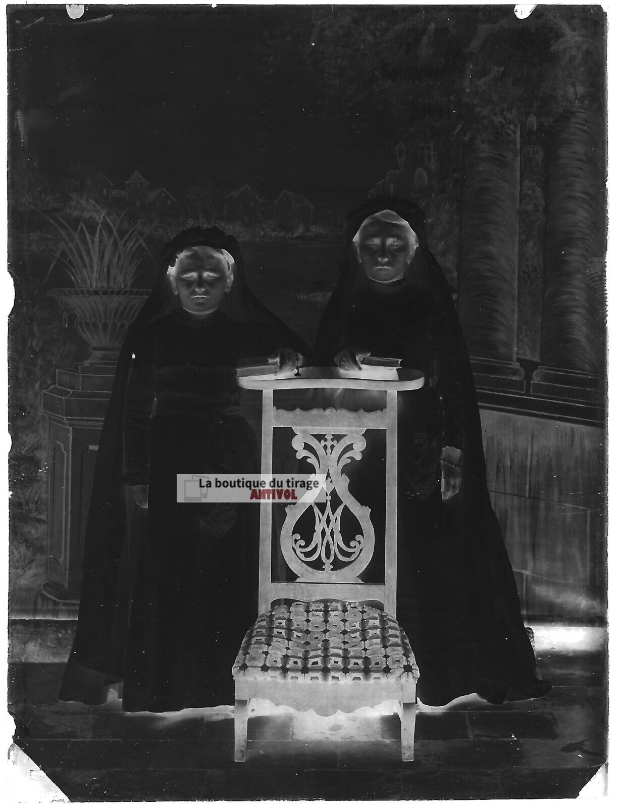 Plaque verre photo ancienne négatif noir et blanc 9x12 cm filles communion 