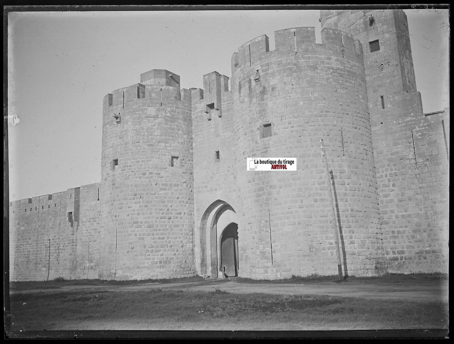 Aigues-Mortes, Porte Reine, Plaque verre photo, négatif noir & blanc 9x12 cm