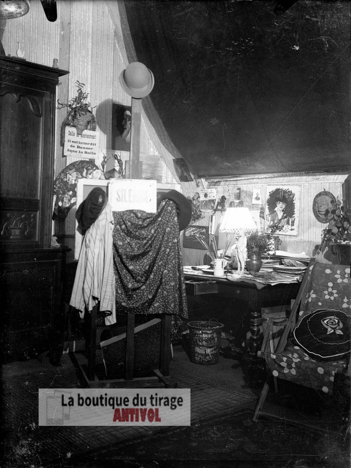 Salle d’écriture ou d’artiste, plaque verre, photo ancienne, négatif 9x12 cm