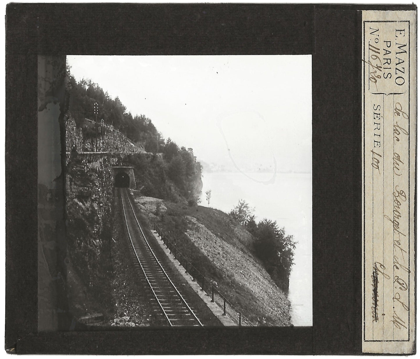 Voie ferrée, Lac du Bourget, photo ancienne plaque de verre, positif 8,5x10 cm
