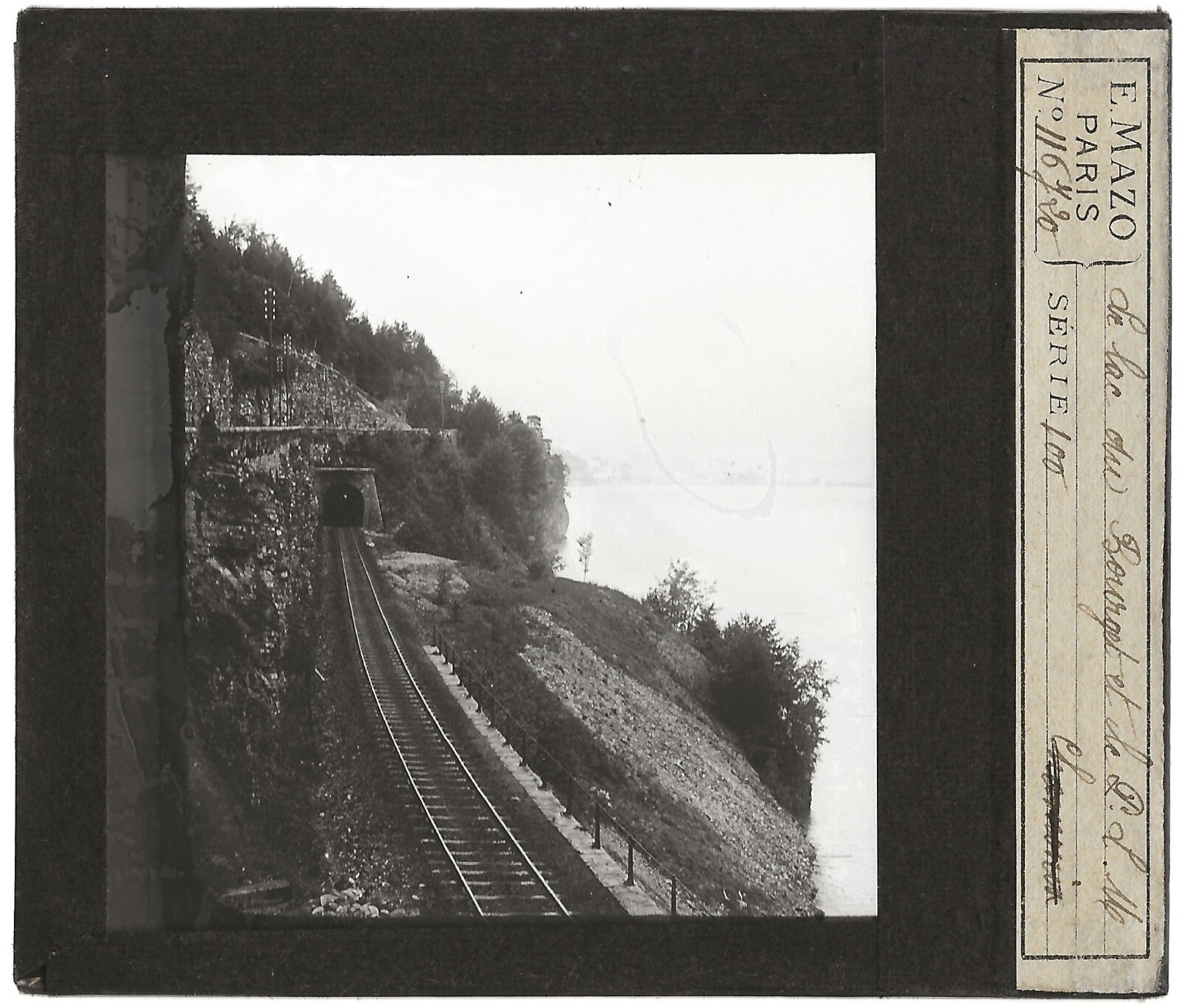 Voie ferrée, Lac du Bourget, photo ancienne plaque de verre, positif 8,5x10 cm