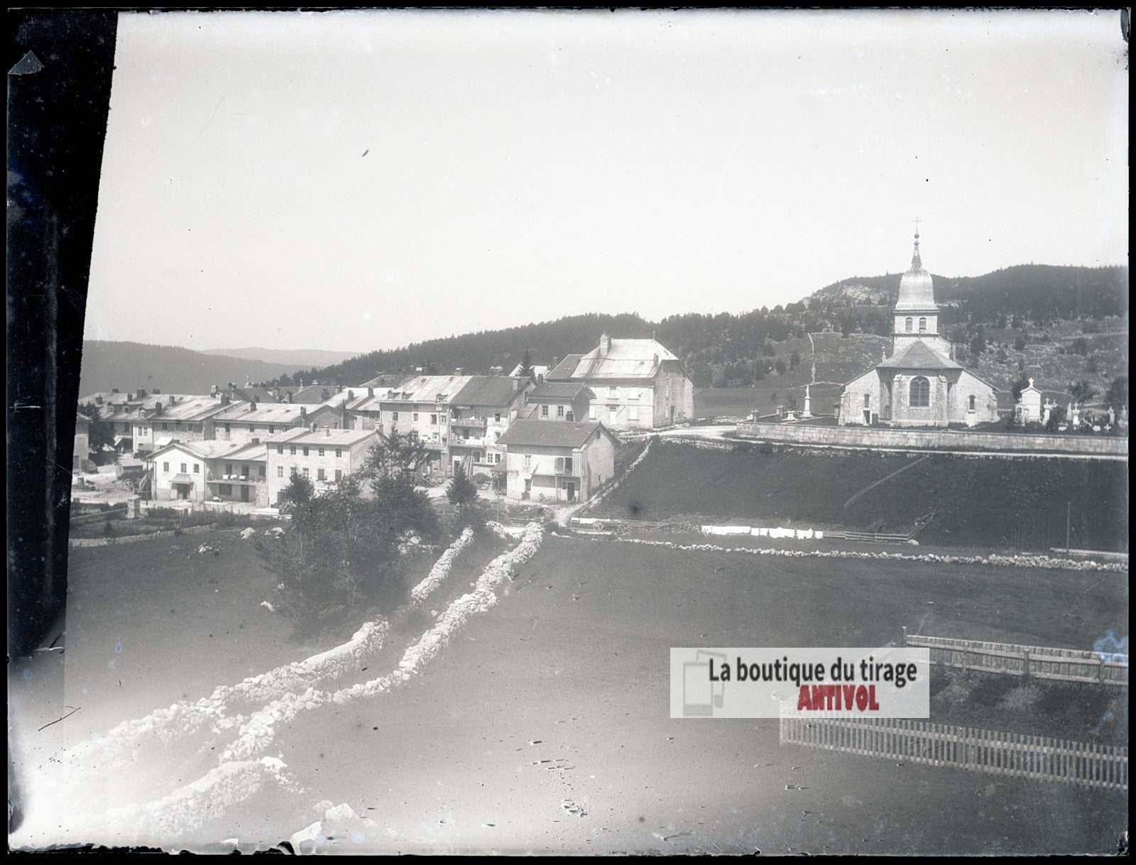 Village de montagne, paysage, plaque verre photo ancienne, négatif 9x12 cm