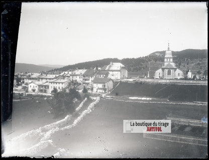 Village de montagne, paysage, plaque verre photo ancienne, négatif 9x12 cm