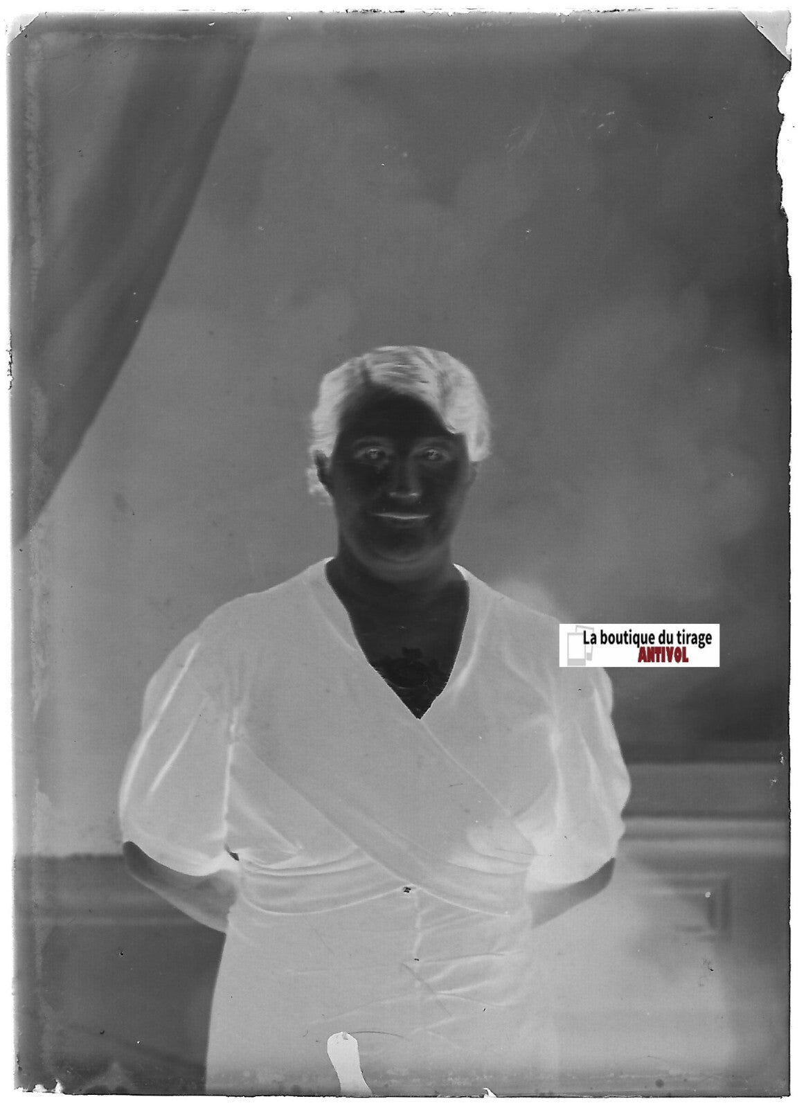 Portrait femme vintage, Plaque verre photo, négatif ancien noir & blanc 6x9 cm