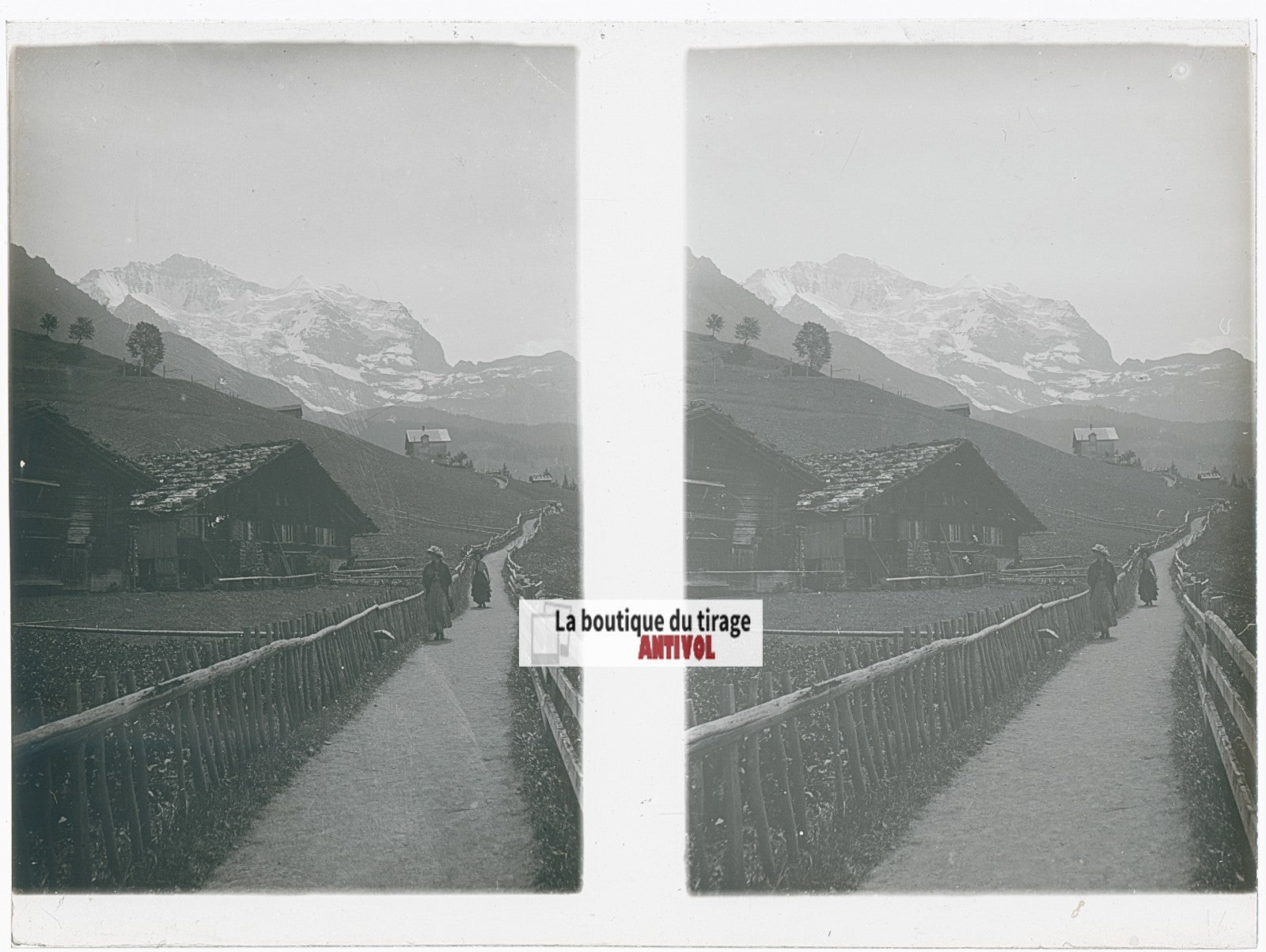Grindelwald, Alpes Suisse, stéréo photo plaque verre, noir & blanc, 9x12 cm