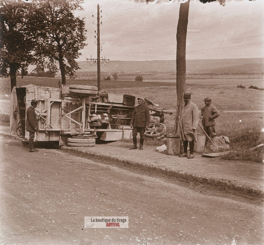 Dormans, camion guerre WW1, plaque de verre photo ancienne stéréo 6x13 cm
