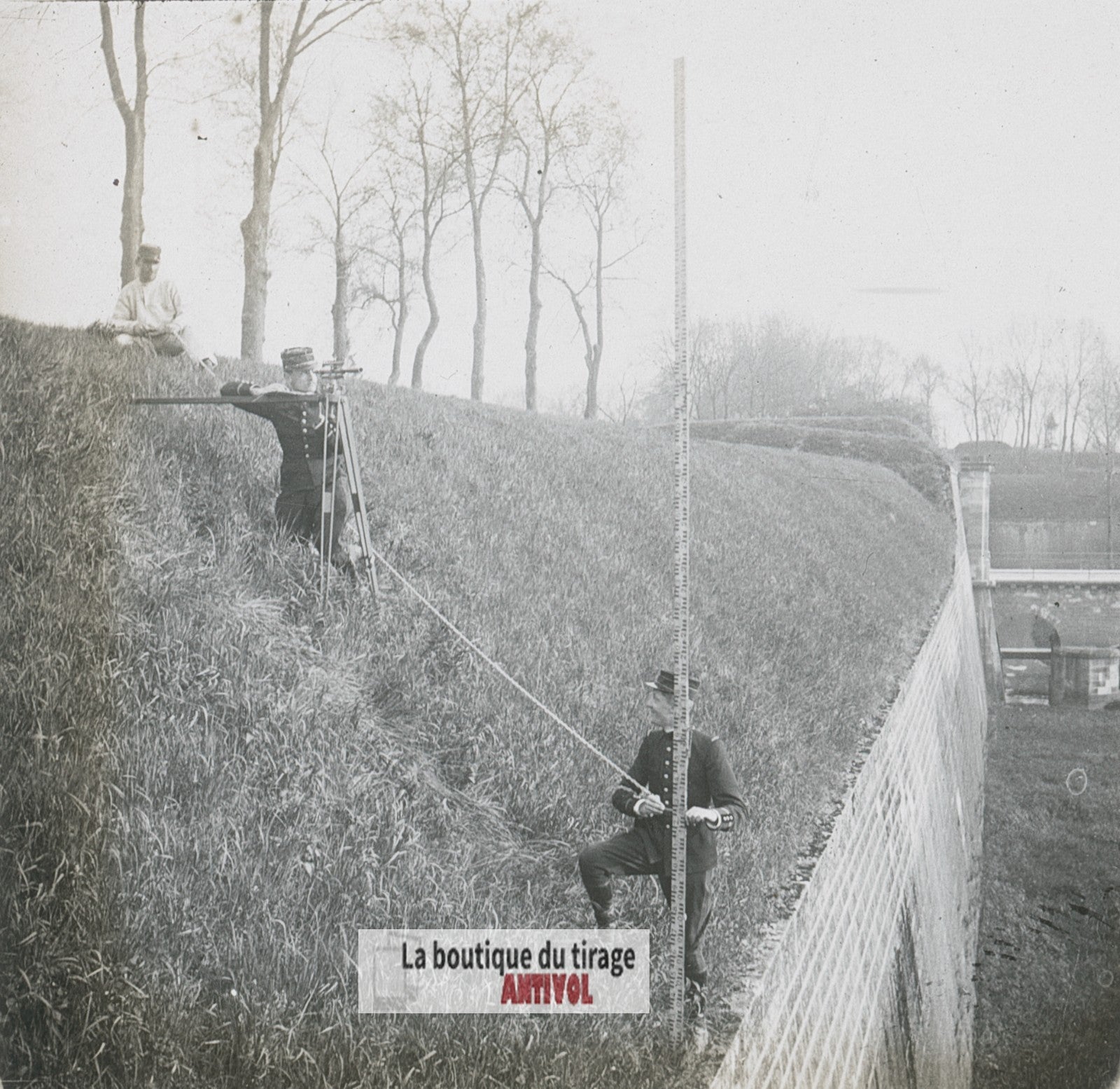 Exercices du génie militaire, plaque verre stéréo, photo ancienne 4,5x10,7 cm
