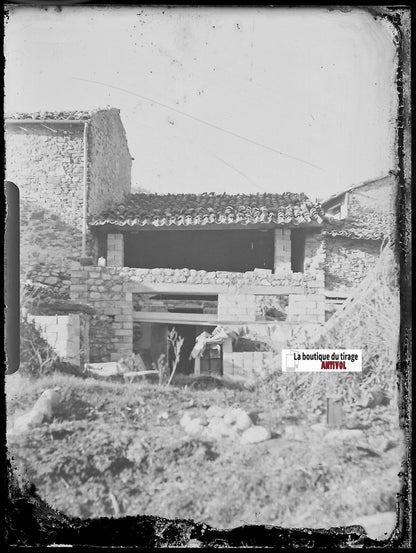 Maison, travaux, Plaque verre photo ancienne, négatif noir & blanc 9x12 cm