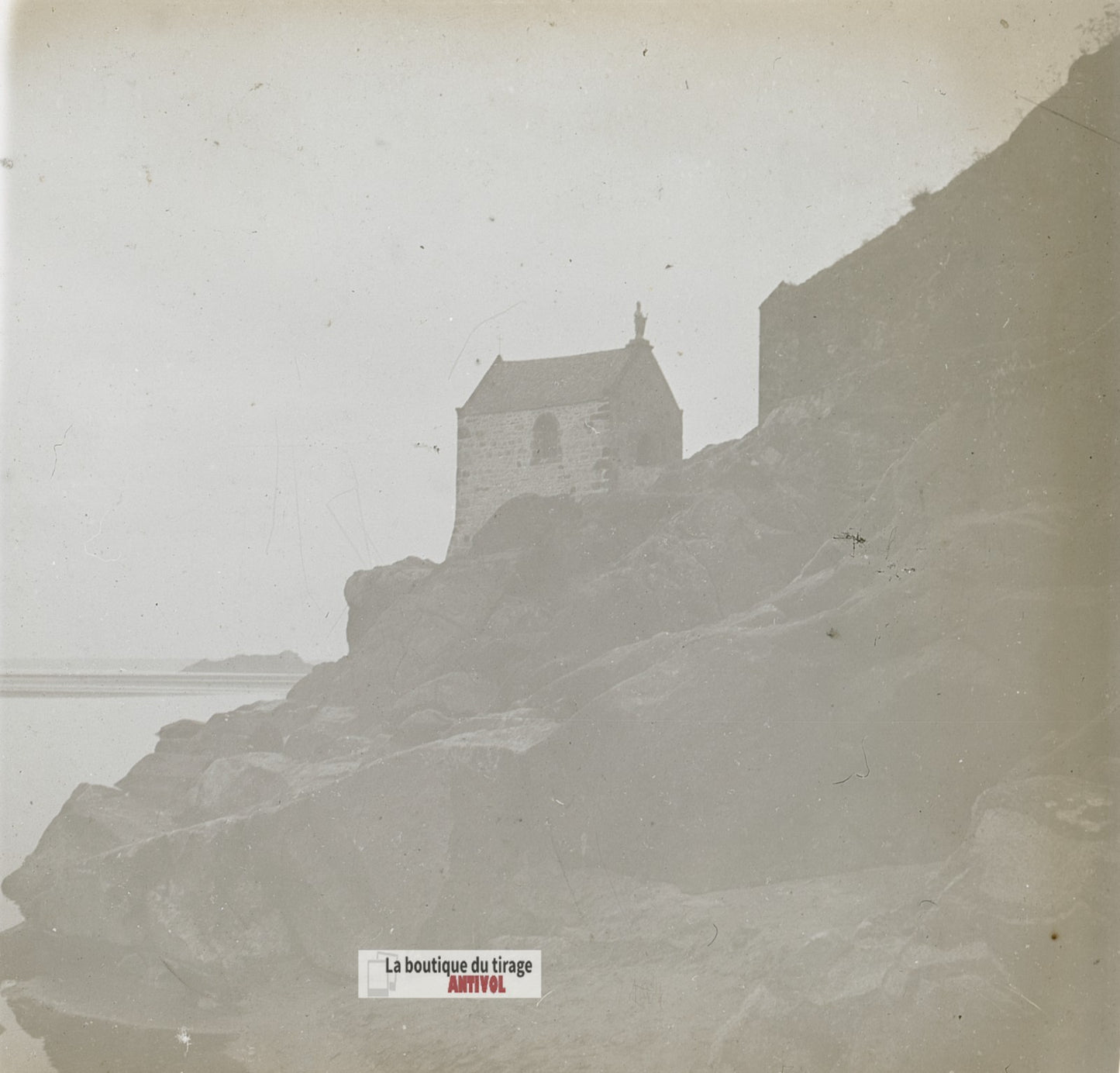 Mont-Saint-Michel, chapelle rocher, plaque verre stéréo, photo 4,5x10,7 cm