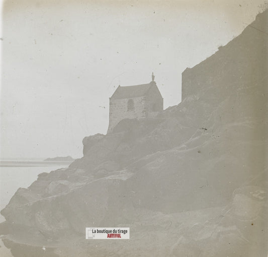 Mont-Saint-Michel, chapelle rocher, plaque verre stéréo, photo 4,5x10,7 cm