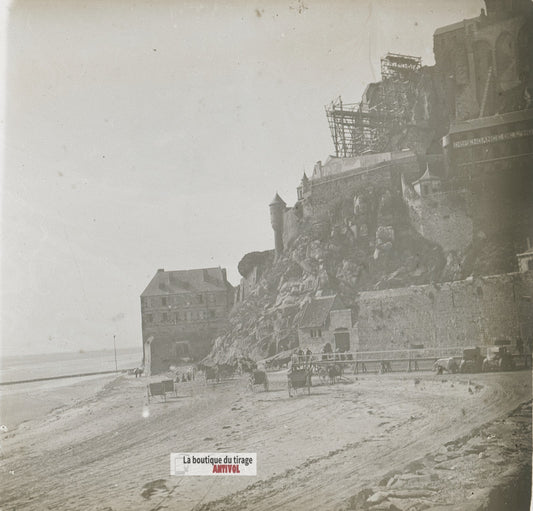 Mont-Saint-Michel, pied des remparts, plaque verre stéréo, photo 4,5x10,7 cm