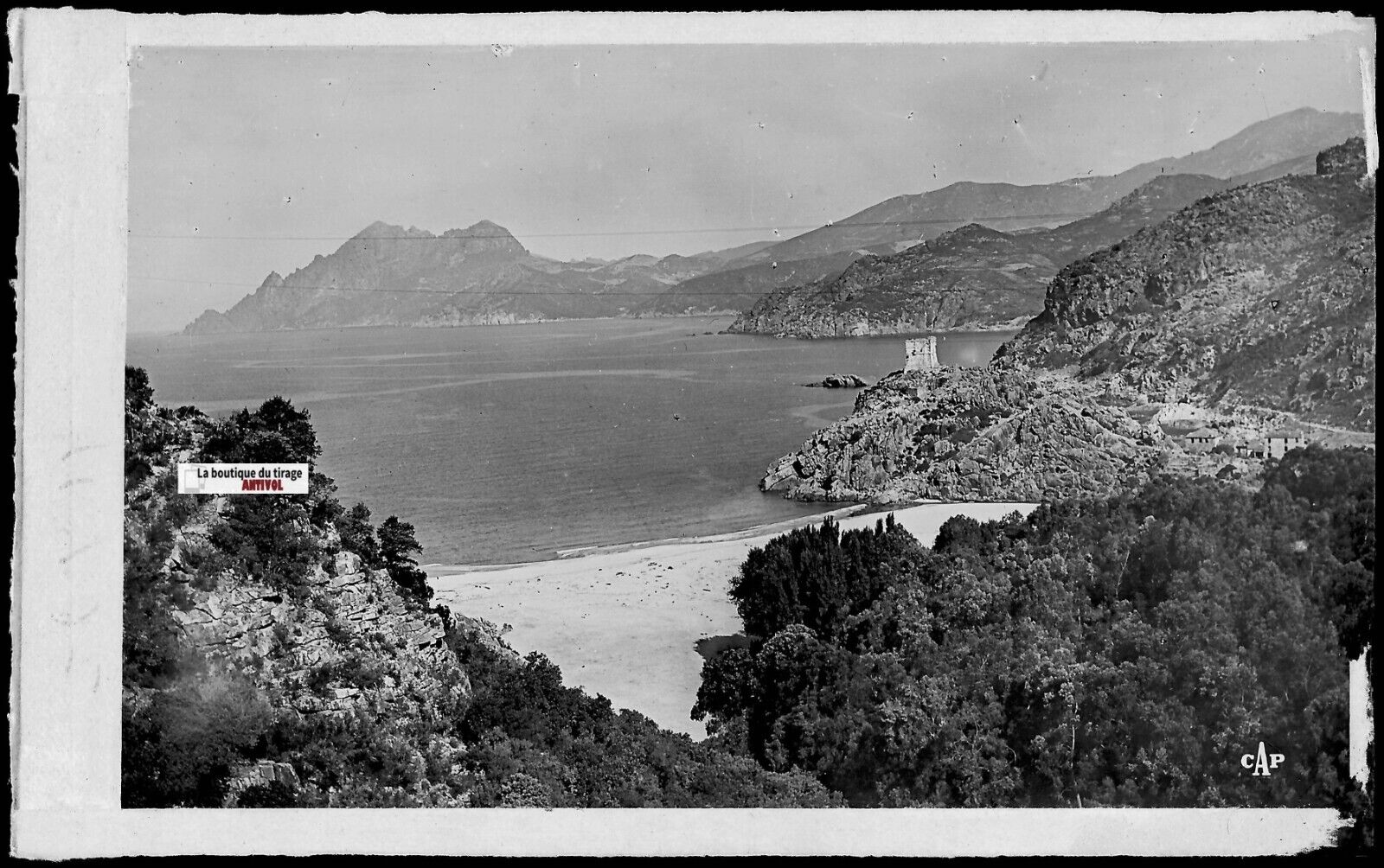 Plaque verre photo négatif noir & blanc 9x14 cm, Piana, Corse, Golfe Porto