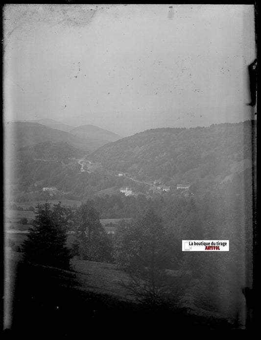 Paysage, montagne, Plaque verre photo ancienne, négatif noir & blanc 9x12 cm