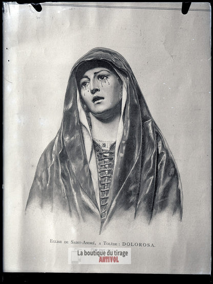 Dolorosa, Tolède, Espagne, plaque verre, photo ancienne, négatif 9x12 cm