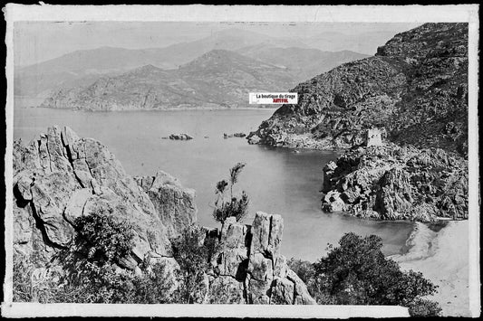 Plaque verre photo négatif noir & blanc 9x14 cm, Piana, Corse, Golfe Porto, mer